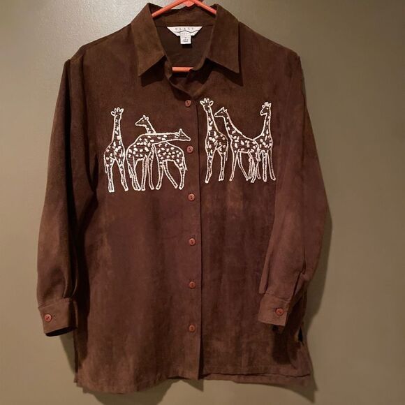 Blast Studio Vintage Giraffe Brown Button Up Top Size Medium - Picture 2 of 12